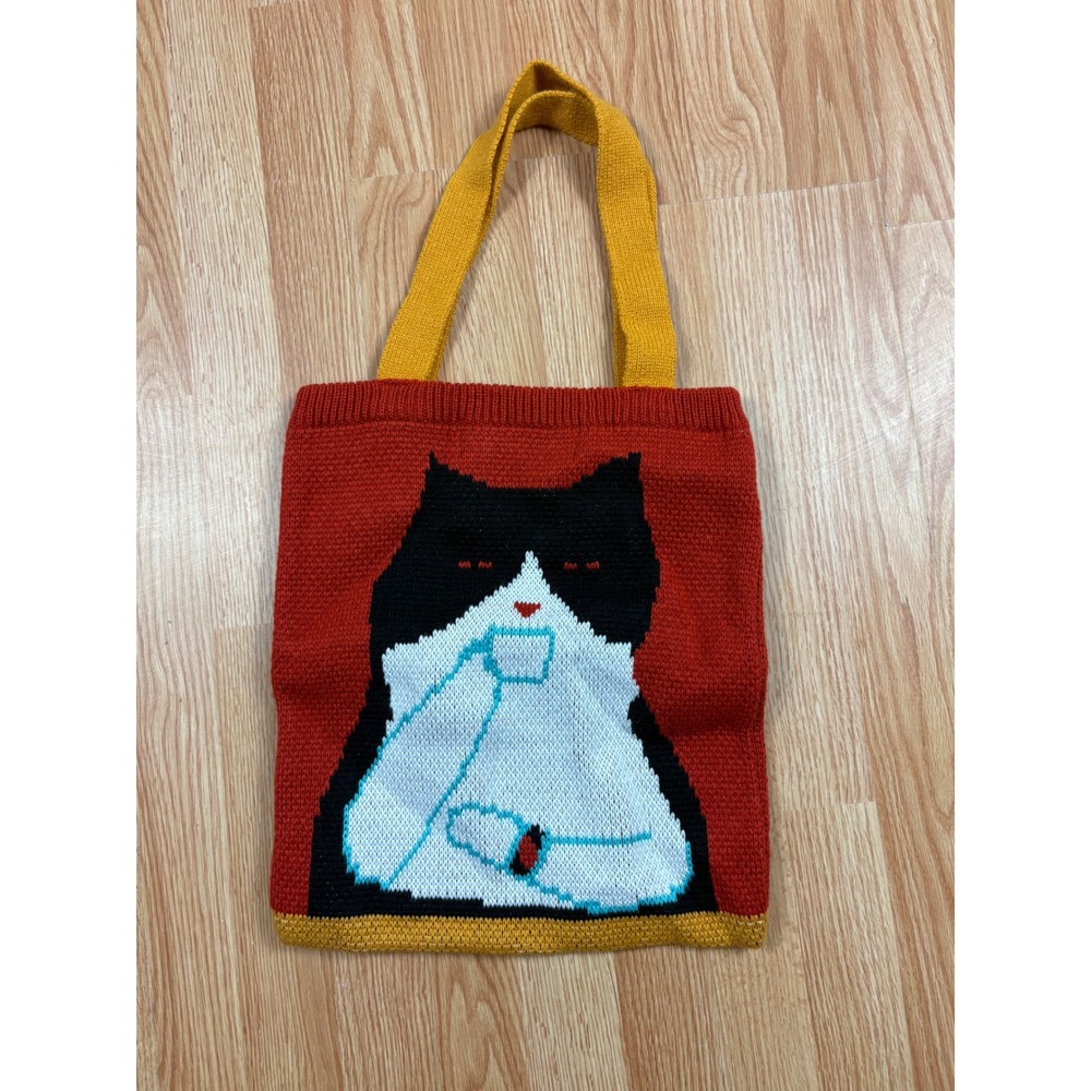 Hina & Tam Knit Tote Bag Red Tuxedo Cat Coffee Graphic Intarsia Handbag